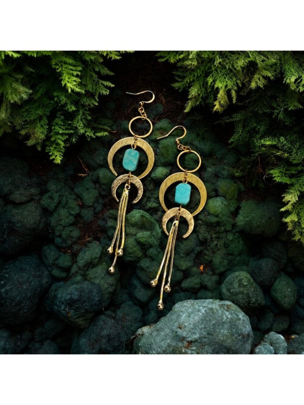 Aquamarine Crescent Moon Earrings with Gold Moons and Tassels Boho Witchy Celest